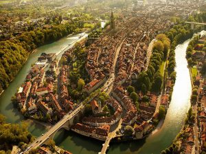 The medieval city center of Bern is surrounded by the Aare River and features a large collection of historic buildings and renaissance fountains.