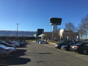 Main entrance and control tower at the Smithsonian Institution National Air and Space Museum Steven F. Udvar-Hazy Center located at Dulles International Airport in Chantilly, Virginia.